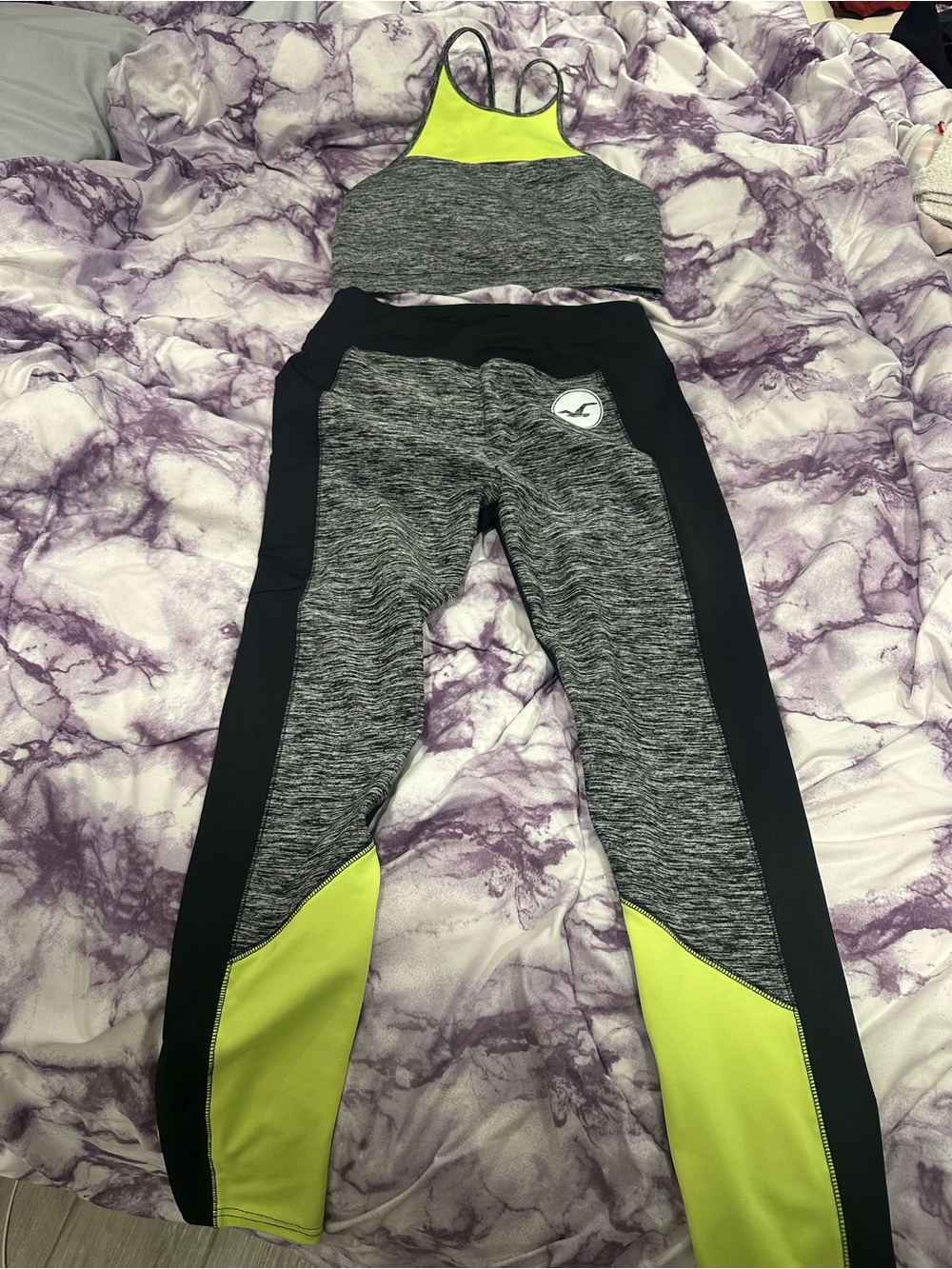 Hollister Gray Heather Leggings with Neon Yellow Panels